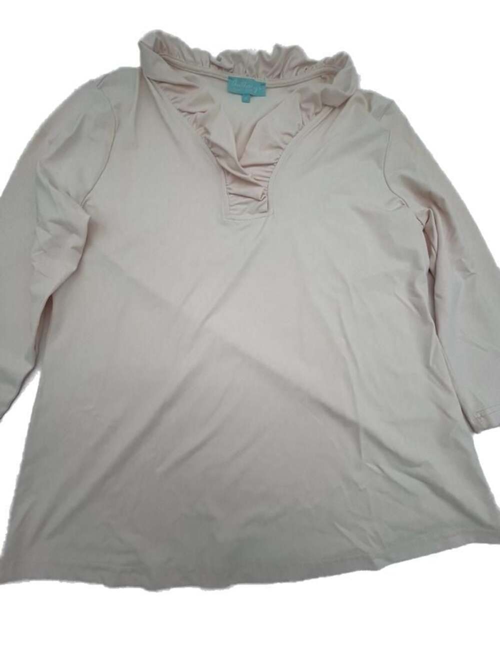 Anthony's Resort Wear Pink Ruffle V-Neck 3/4 Sleeve loose stretch Top Size M